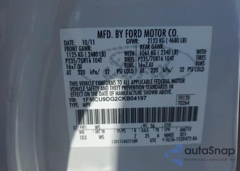 2012 Ford Escape Xlt z USA, uszkodzony, nr VIN 1FMCU9DG2CKB04197